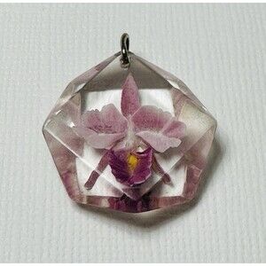 Vintage 1950s Reverse Carved Lucite Pendant Orchid Intaglio Pink Flower Octagon